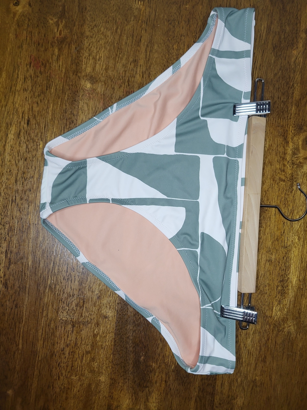 Madewell Geo Print High-Rise Swim Bottoms in Sage Green, Peach & White